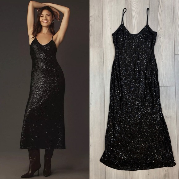 Anthropologie Dresses & Skirts - Anthropologie Small Black Sequined V-Neck Slip Dress Adjustable Straps